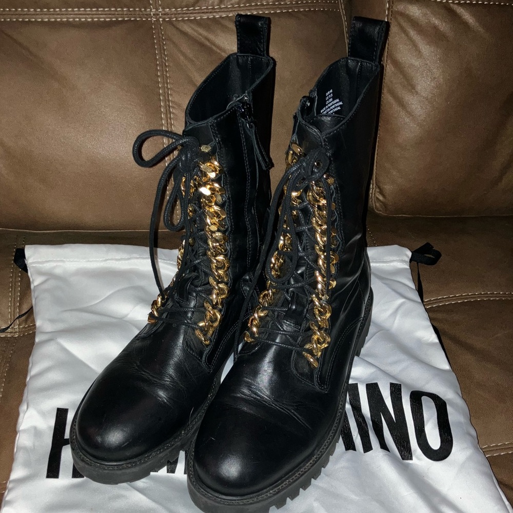 Moschino Black Combat Boots with Gold Chain